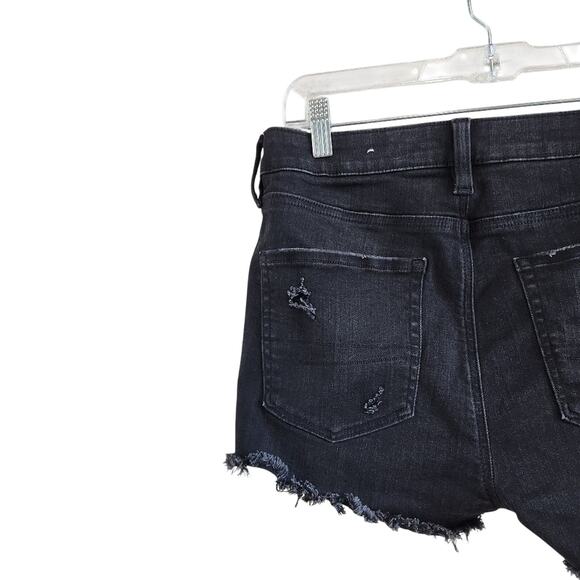 American Eagle Black Jean Shorts High Rise Shortie Distressed Frayed Hem Size 8 - Picture 3 of 7